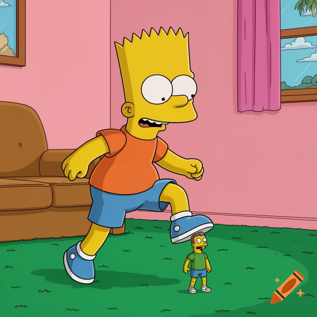 Bart Simpson in The Simpsons cartoon style, with wide eyes, is about to step on a tiny person in a room with pink walls and green carpet.