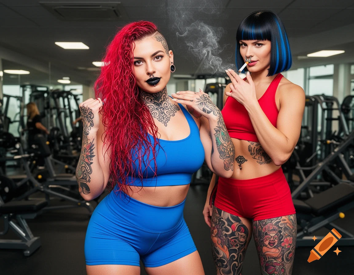 Photorealistic image of two heavily tattooed women in a gym. One has red hair and wears blue, the other has black and blue hair, wears red, and smokes a cigarette.