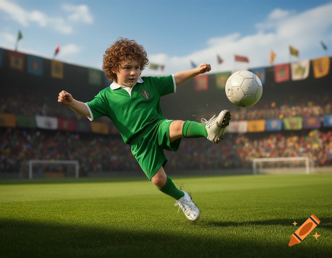 A young boy with curly hair in a green soccer uniform kicks a soccer ball on a sunny stadium field.