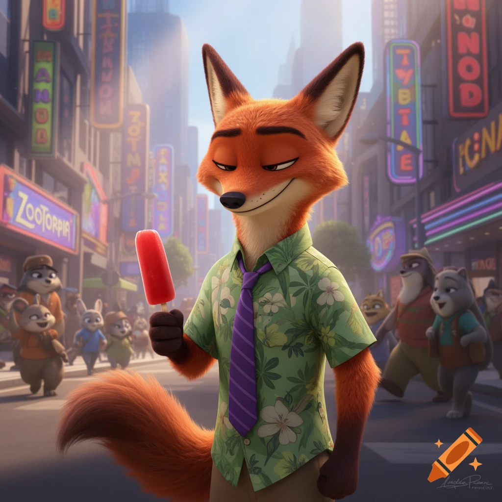Nick Wilde, an anthropomorphic fox from Zootopia, stands in a bustling city street, holding a red popsicle. He wears a green floral shirt and a purple striped tie.
