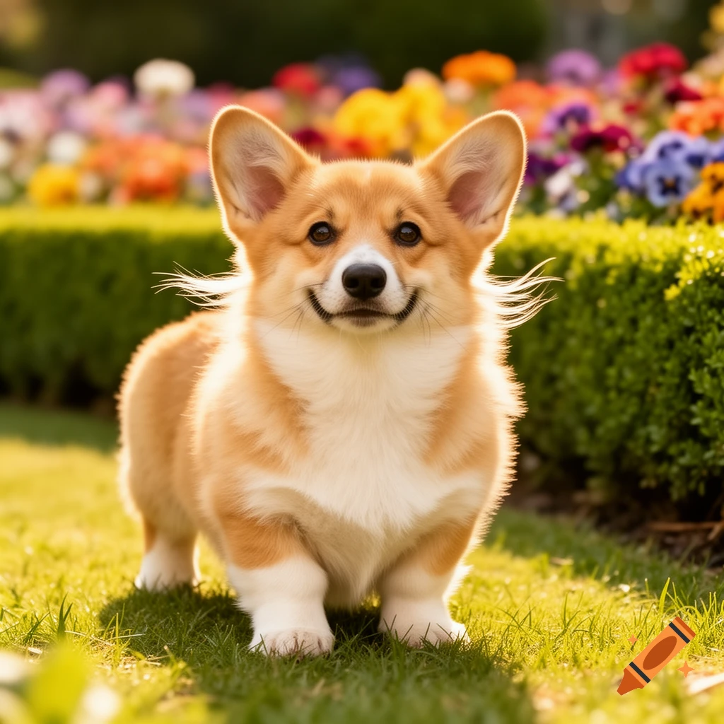 A smiling corgi puppy sits in a sunny green garden with colorful flowers in the background.