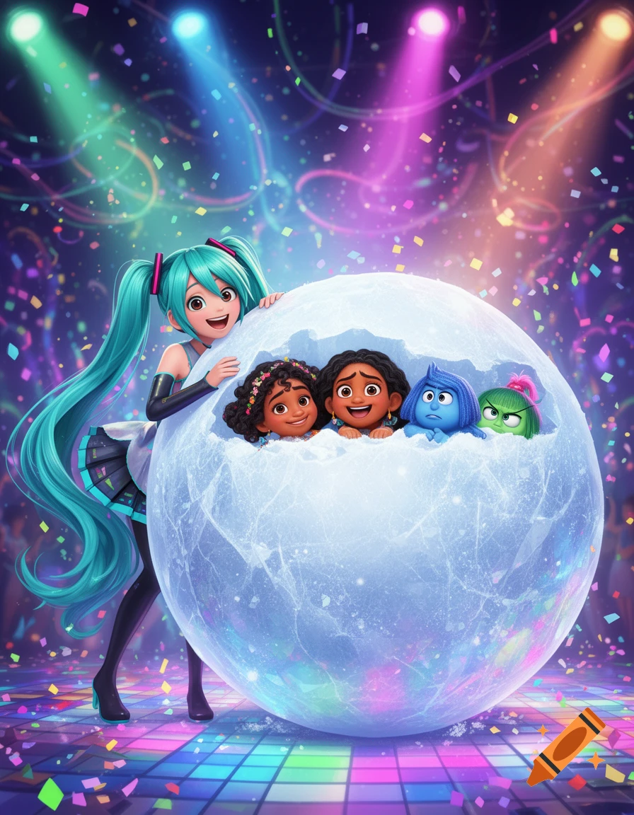 Hatsune Miku smiles at a disco party, next to a giant snowball containing the heads of Mirabel, Joy, Sadness, and Disgust, in a vibrant anime and Pixar style.
