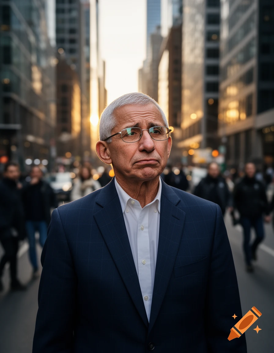 Photorealistic portrait of Dr. Anthony Fauci looking solemn on a busy city street at sunset.