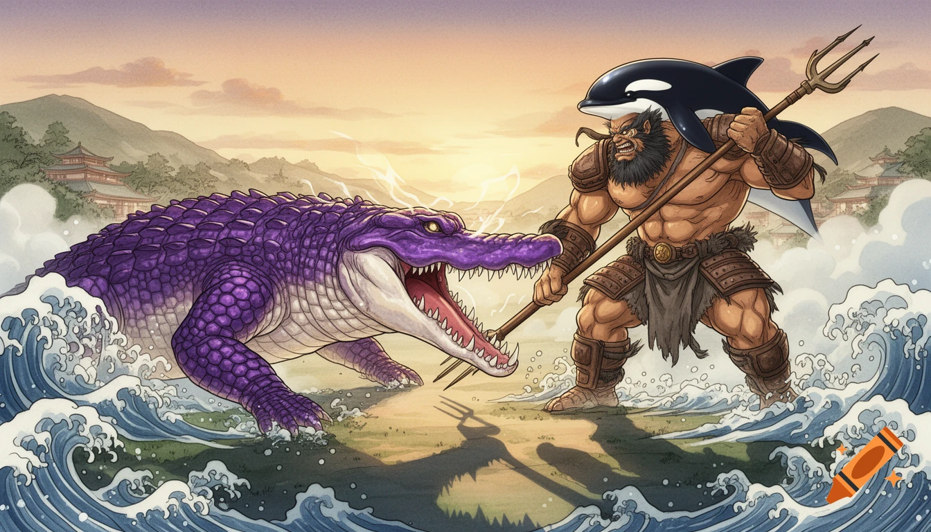 A purple crocodile and an orca-man titan in combat amidst waves, set against a Japanese print-style landscape with mountains and temples.