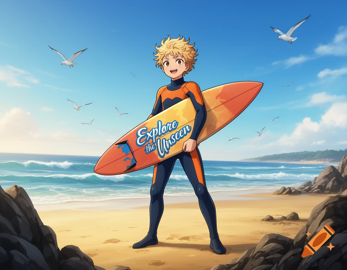 Anime boy with blonde curly hair in a wetsuit, holding a surfboard with "Explore the Unseen" text, standing on a sunny beach with waves and seagulls.