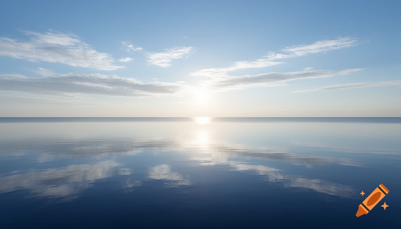 A serene seascape with a calm blue ocean reflecting the sky and sun. A bright sun glimmers on the water's surface.