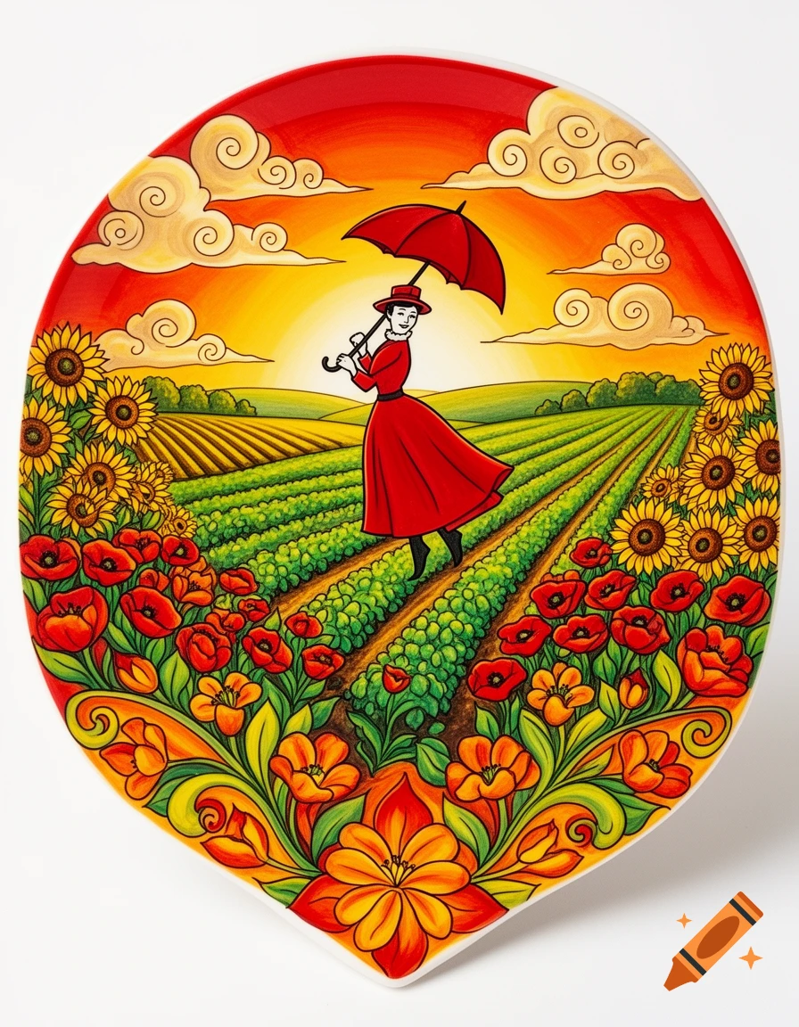 Stylized illustration on a ceramic plate of a woman with a red umbrella walking through a vibrant field with sunflowers and poppies under a sunset.