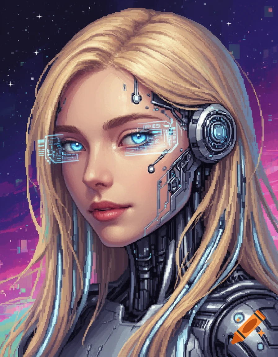 Close-up pixel art portrait of a blonde cyborg girl with glowing blue eyes and mechanical implants, against a starry space background.