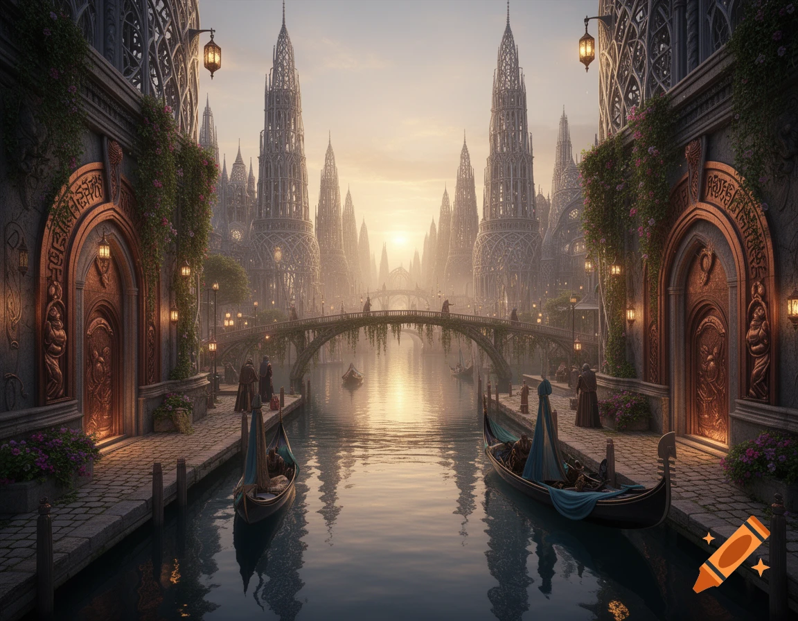 A stunning fantasy city with towering gothic spires, canals, and gondolas under a soft sunset glow, reminiscent of a mythical Venice.