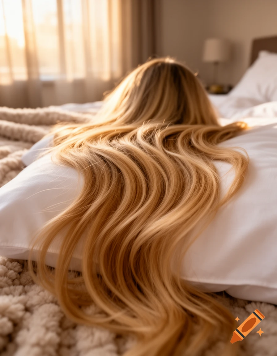 Long wavy blonde hair fanned out on a white pillow in a sunlit bedroom, with a cozy textured blanket and window in the background.