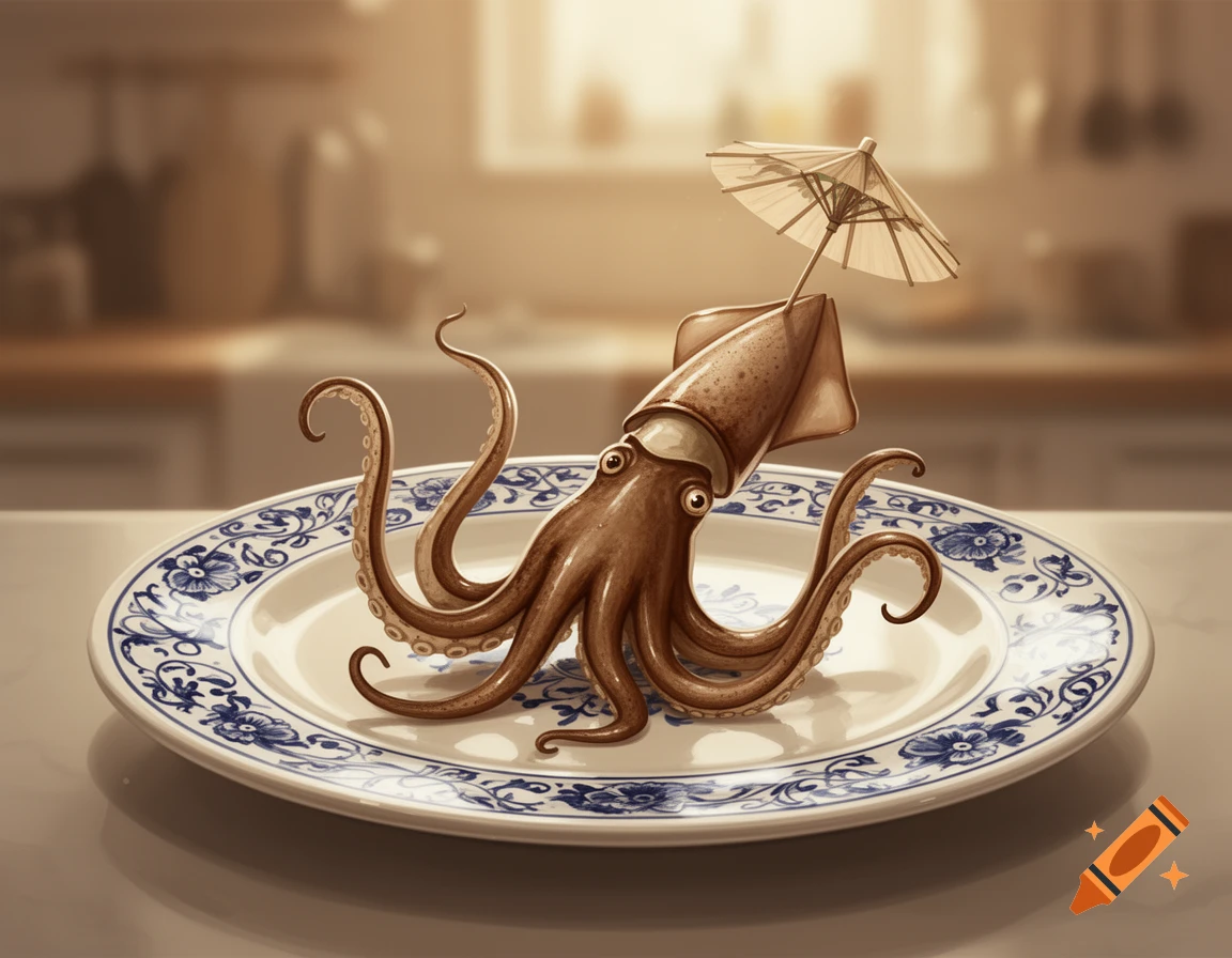 A whimsical, brown, cartoon cuttlefish with a tiny paper umbrella stands on a blue and white decorative plate.