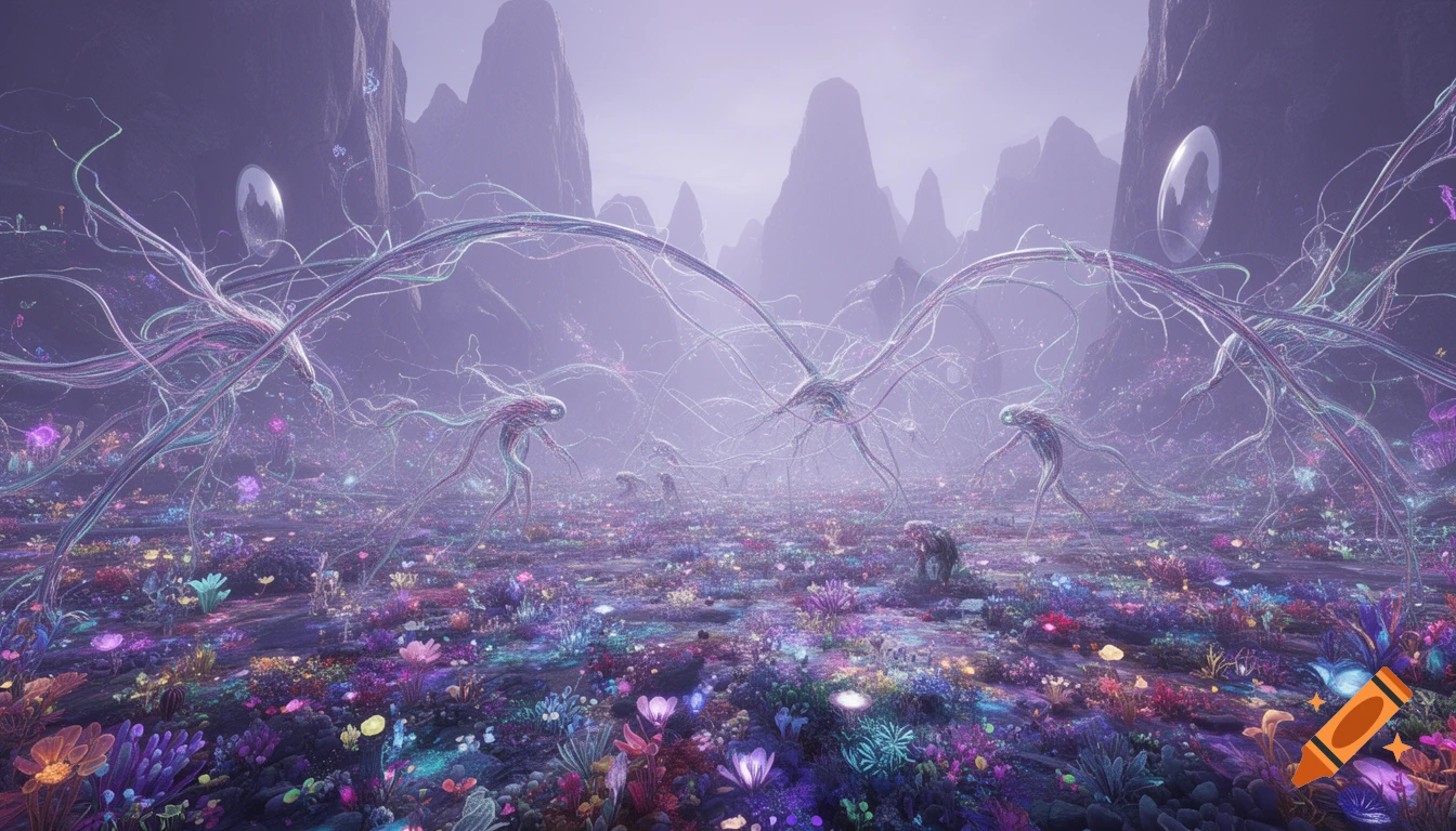 Vibrant alien landscape with glowing flora, neuron-like creatures, and jagged purple mountains under a lavender sky. Digital art.