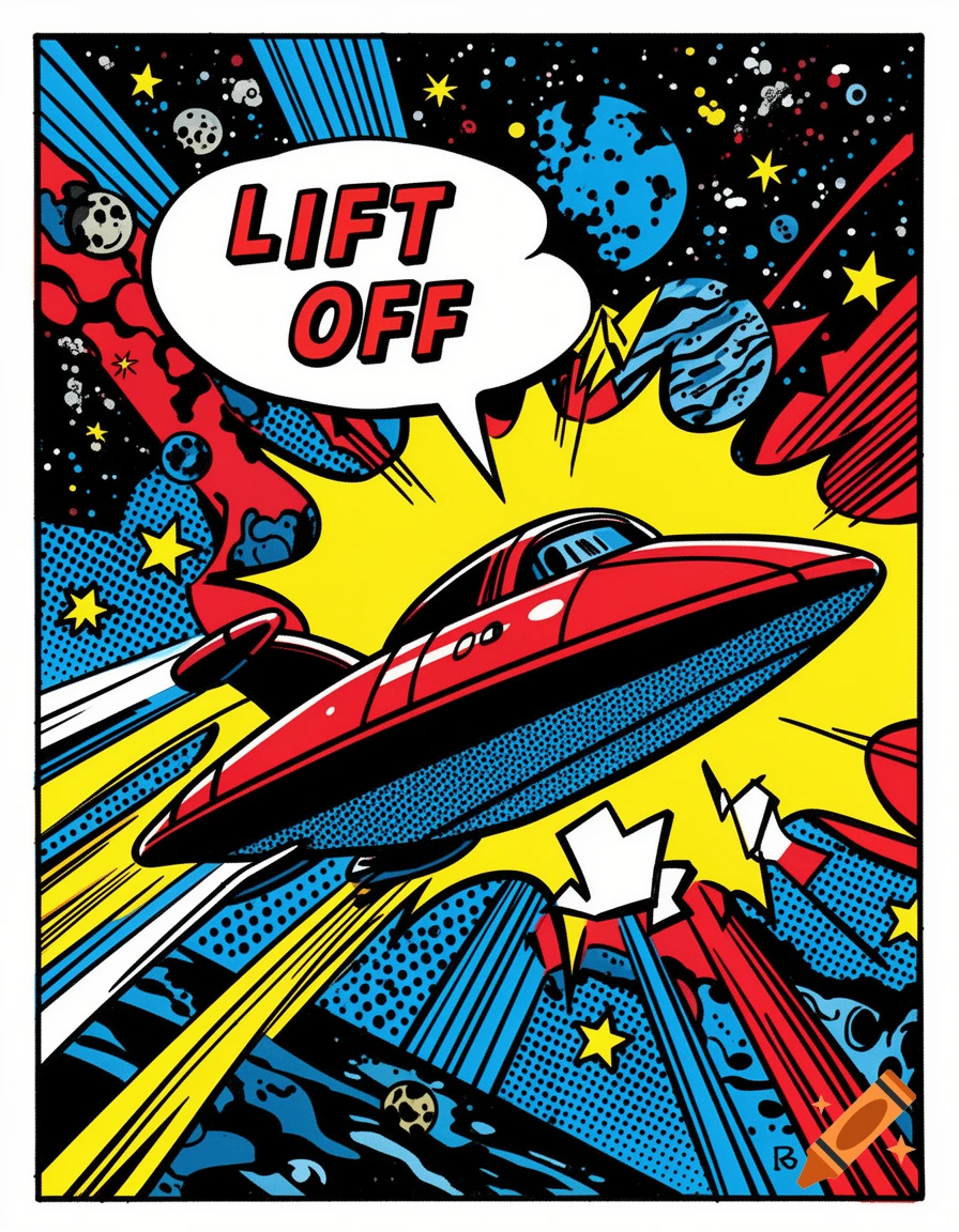 A red retro starship lifts off into a colorful, starry Pop Art space scene, with 'LIFT OFF' in a speech bubble.