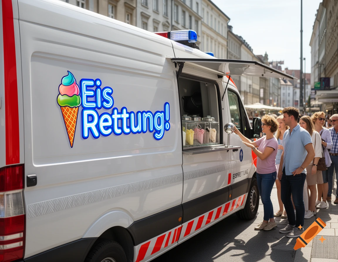 A white ice cream van with 'Eis Rettung!' logo serves customers on a sunny urban street.