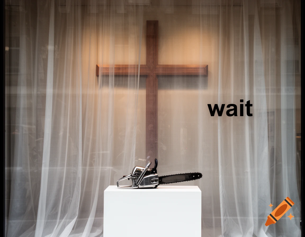 A chainsaw on a white pedestal in front of sheer curtains, a wooden cross behind, and the word 'wait' on the curtain, in a window display.