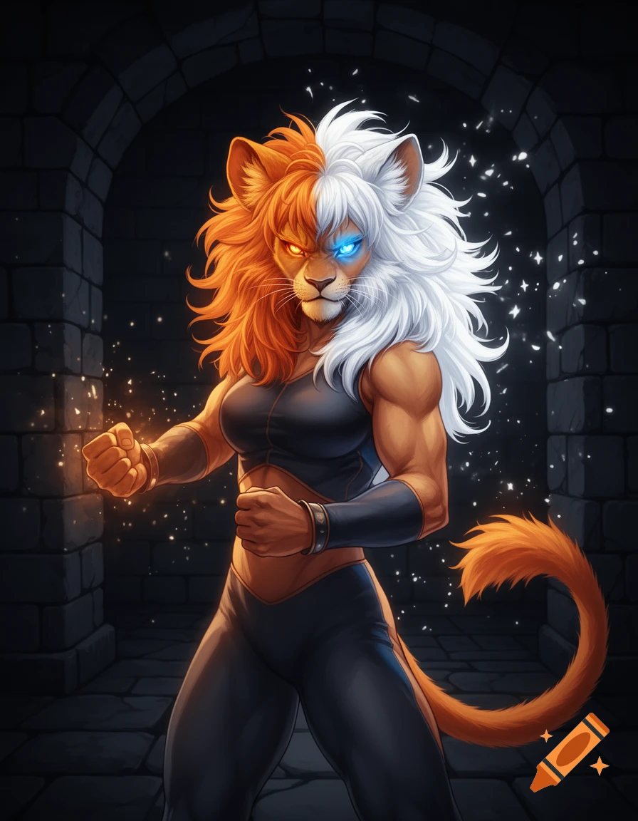 An athletic anime lioness stands in a dungeon, mid-transformation with split orange and white hair and glowing eyes.