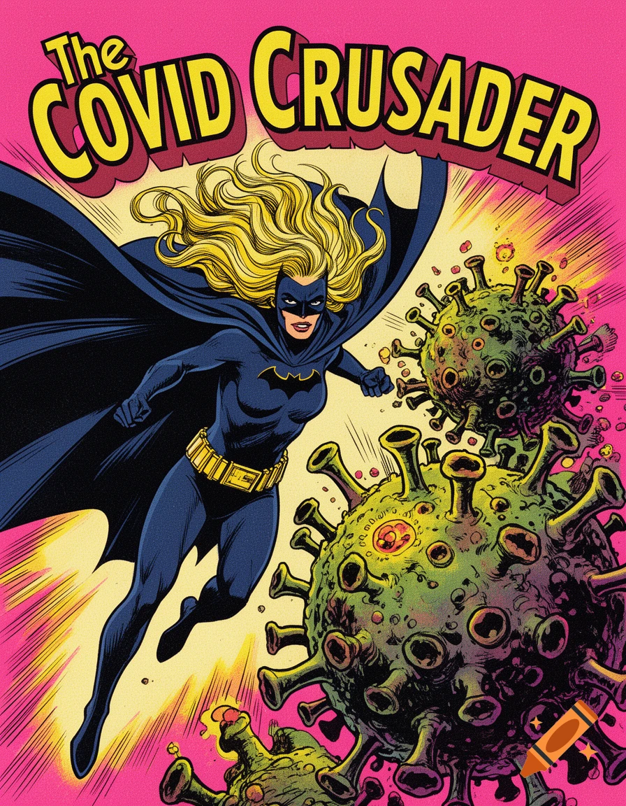 A retro comic book cover titled "The COVID CRUSADER" depicts a blonde female superhero in a blue suit and cape fighting green virus monsters against a pink and yellow background.