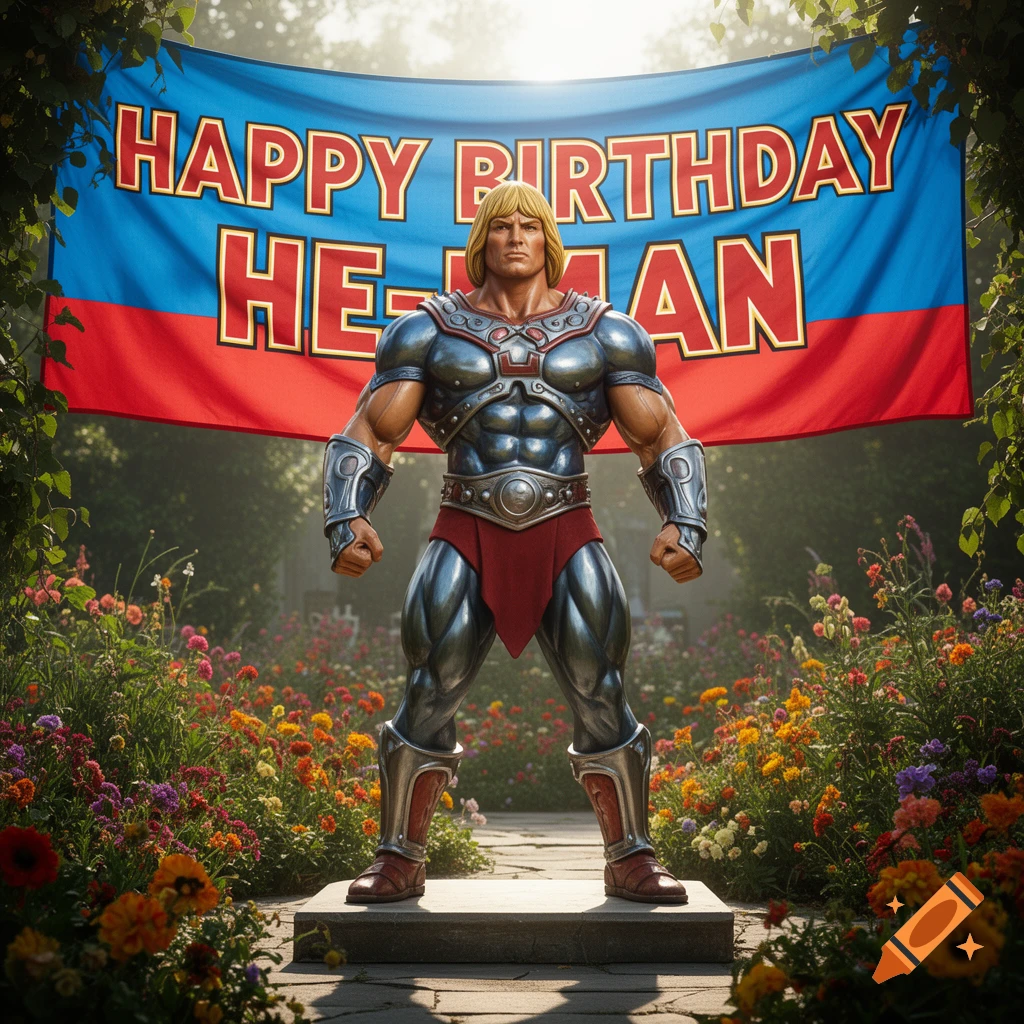 Photorealistic image of a muscular He-Man standing in a vibrant flower garden with a 'Happy Birthday He-Man' banner.