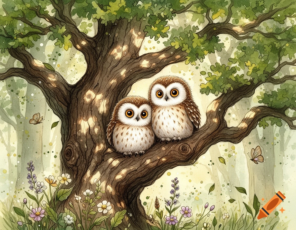 Two cute watercolor owls with large orange eyes sit on a tree branch in a lush forest with flowers and butterflies.