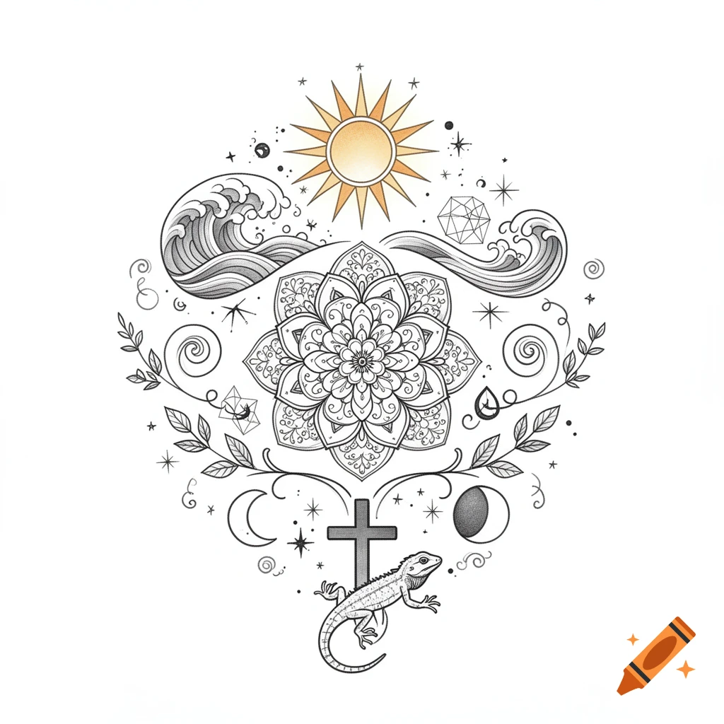 A symmetrical, stylized drawing featuring a central mandala, waves, sun, stars, leaves, cross, moon, and a lizard in black and white with yellow accents.