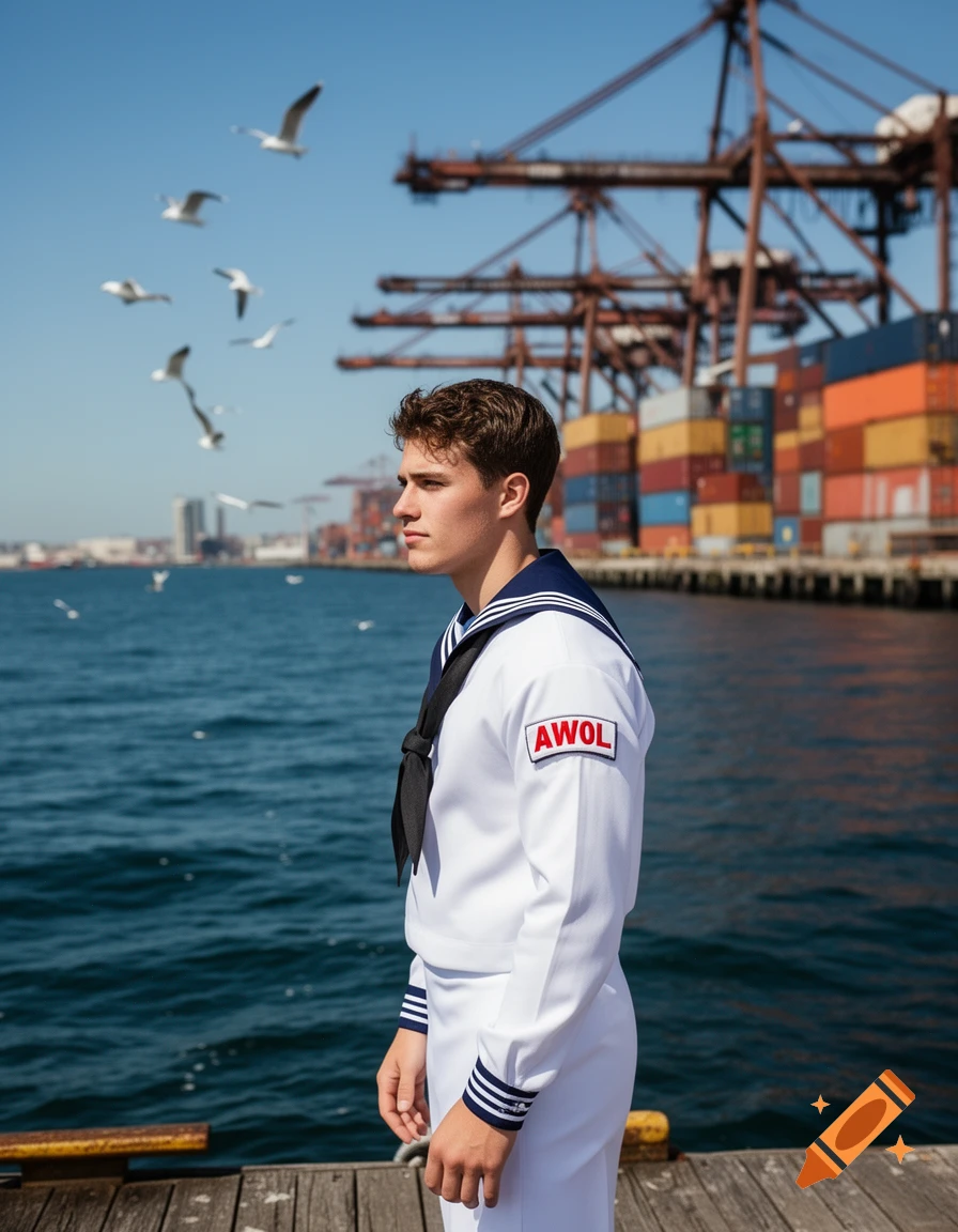 A young male sailor in a white uniform with an "AWOL" patch on his sleeve stands on a dock, looking out at the sea with gulls flying and cargo cranes in the background.