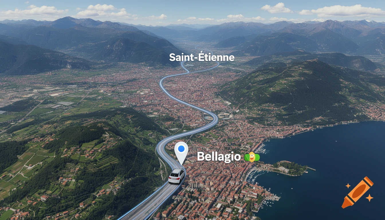 An aerial view of a map showing a navigation route from Saint- Étienne to Bellagio, Lake Como, with a car icon.