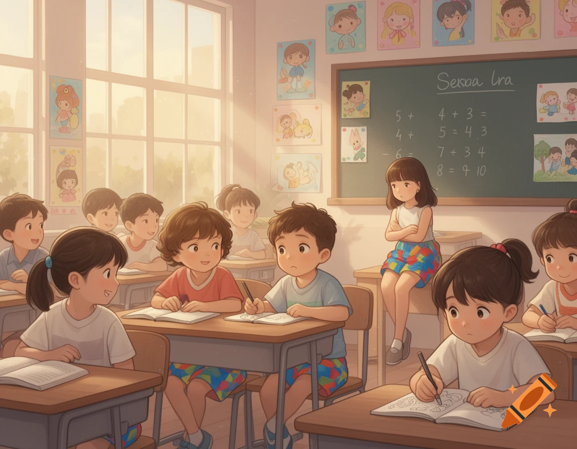 Anime style illustration of children in a bright classroom, with one girl sitting alone thoughtfully at the back.