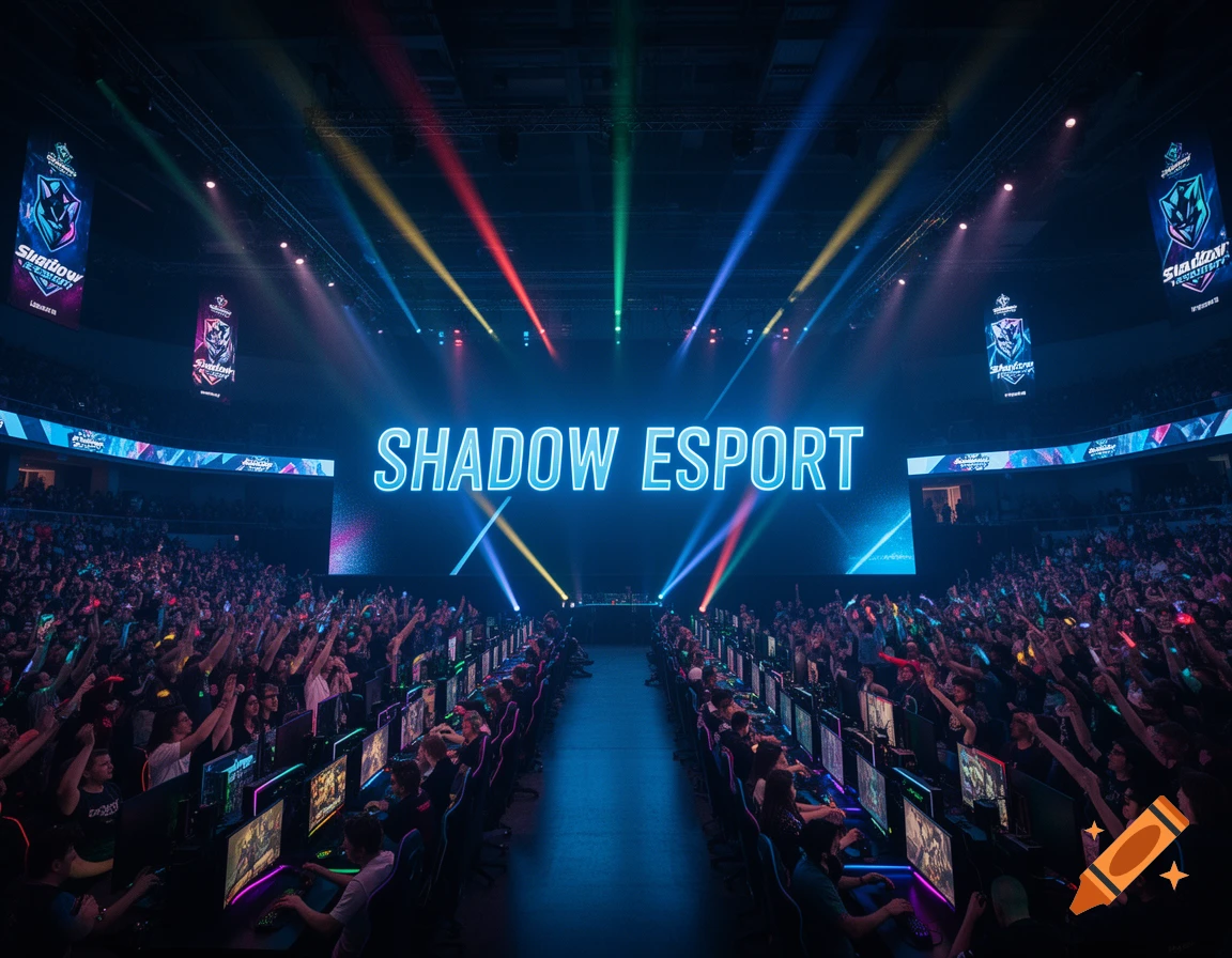 An esports event in a dark arena, with "SHADOW ESPORT" on a large screen, colorful spotlights, a cheering crowd, and rows of competitive gamers.