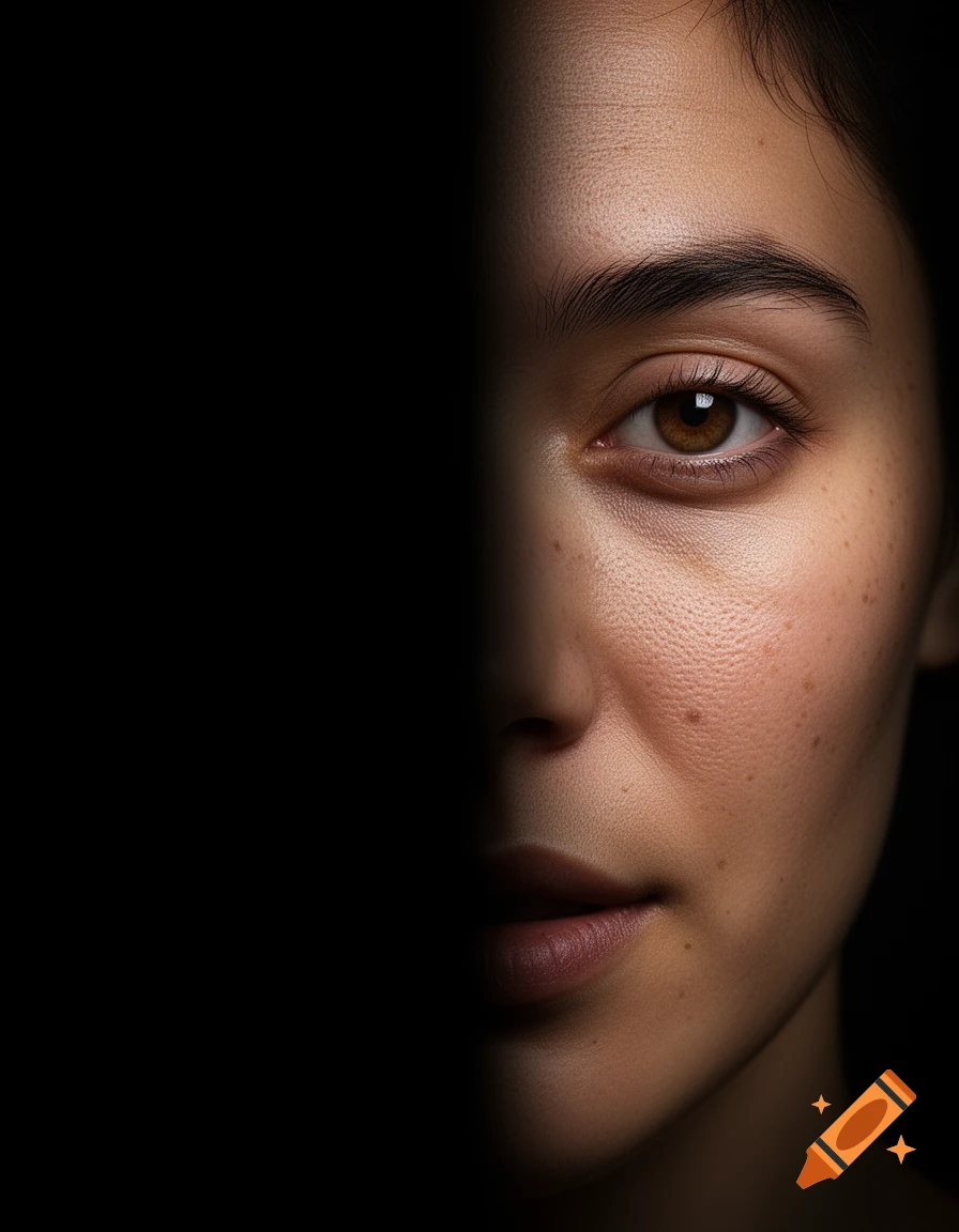 Close-up photorealistic portrait of a woman's right face emerging from darkness.