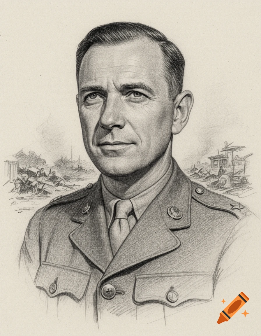 Pencil sketch portrait of a stern man in a military uniform, with a battle-damaged landscape in the background.