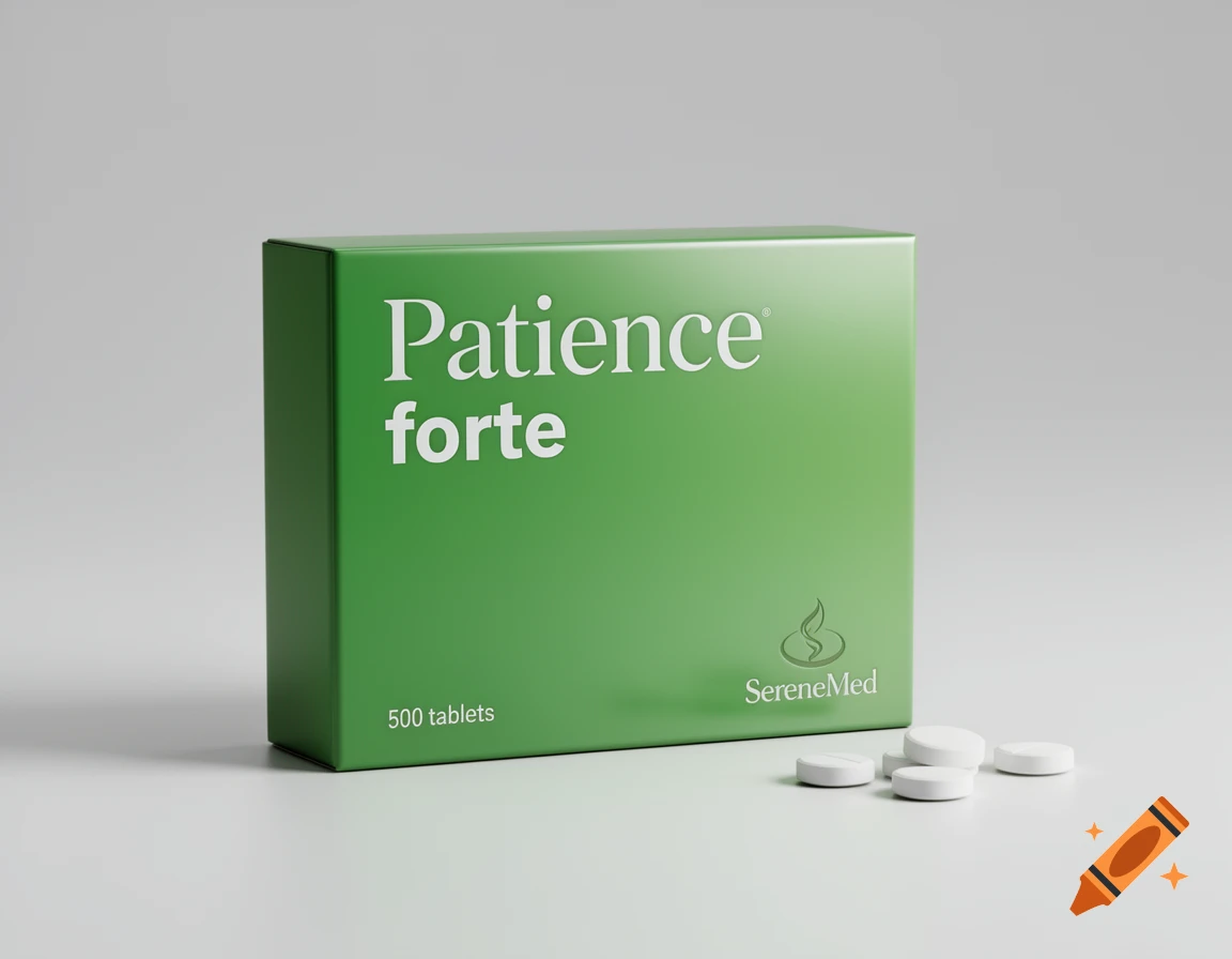 Photorealistic image of a vibrant green medicine box labeled "Patience forte" and "SereneMed", with "500 tablets" mentioned, next to loose white tablets on a clean, neutral surface.
