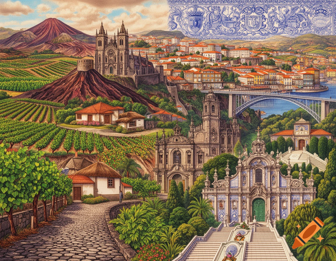 Detailed drawing of a Portuguese landscape featuring vineyards, a mountain, houses, and various historic churches and cityscapes, with a bridge over a river, and a blue ornate border at the top right.