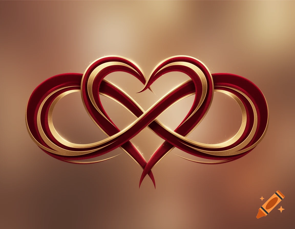 A stylized red velvet and gold infinity symbol intertwined with a heart, set against a soft brown background.