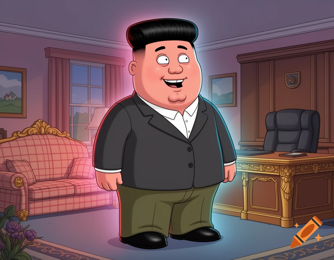 A portly cartoon man, a hybrid of Peter Griffin and Kim Jong Un, with dark hair and a suit, stands in a richly decorated room.