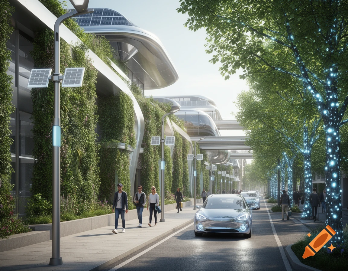 A photorealistic futuristic city street with vine-covered buildings, solar panels, glowing trees, pedestrians, and a sleek silver car.