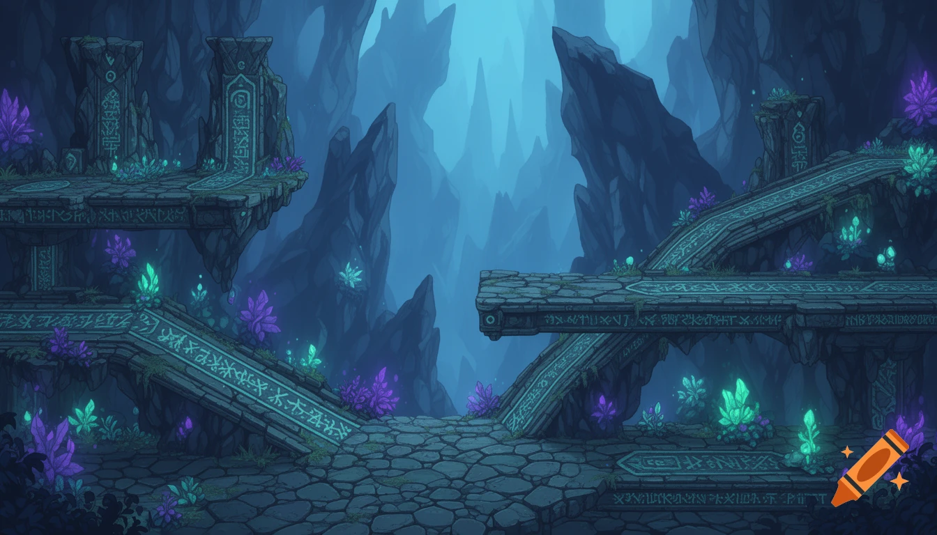 A 2D fantasy platformer scene with dark stone platforms, slopes, and cliffs, adorned with glowing green and purple crystals under a blue-hued sky.