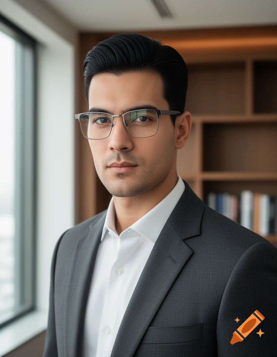 Photorealistic portrait of a serious man in a dark suit and glasses standing in an office.