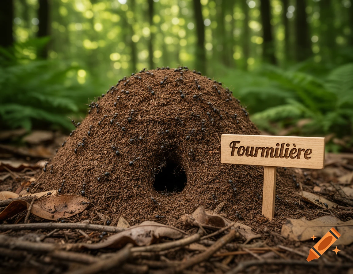 A photorealistic close-up of an anthill covered in black ants, with a wooden sign reading "Fourmilière" in a forest.