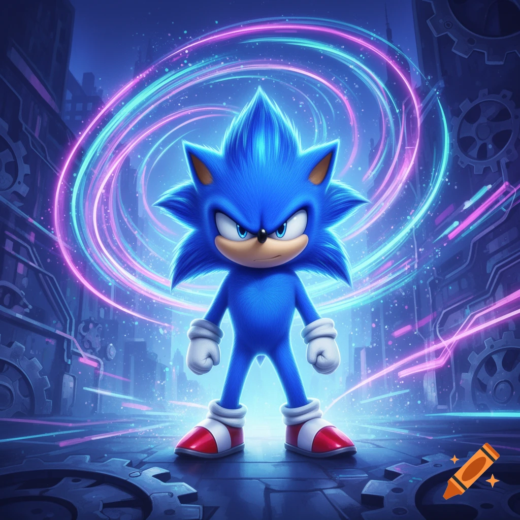 Sonic the Hedgehog stands in a futuristic, neon-lit environment with swirling pink and blue energy rings.