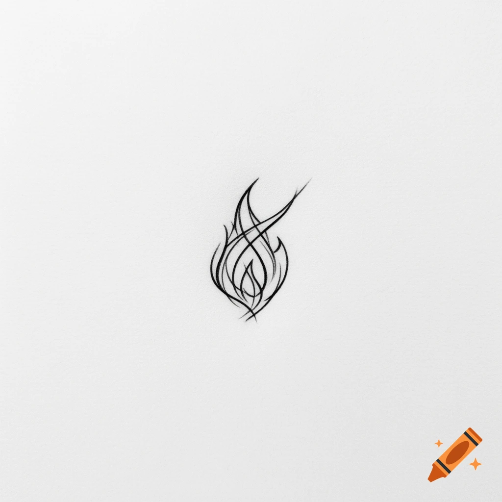 A minimalist abstract black line drawing of a small flame on a white background.