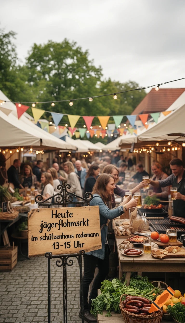 A bustling outdoor market scene with people enjoying food and drinks, colorful bunting, and a wooden sign.