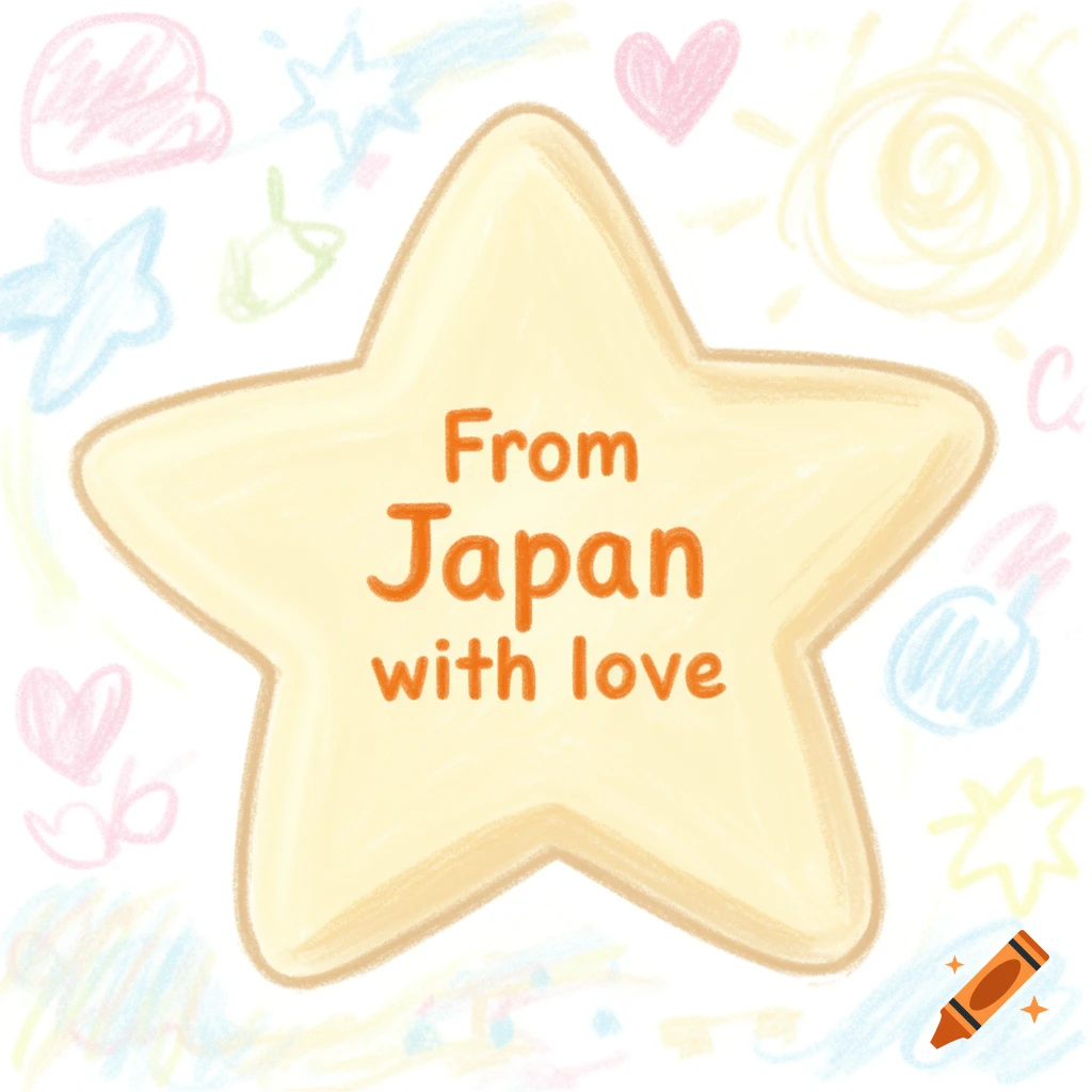 Crayon-style drawing of a yellow star with orange text 'From Japan with love', surrounded by colorful hearts, stars, and sun doodles.