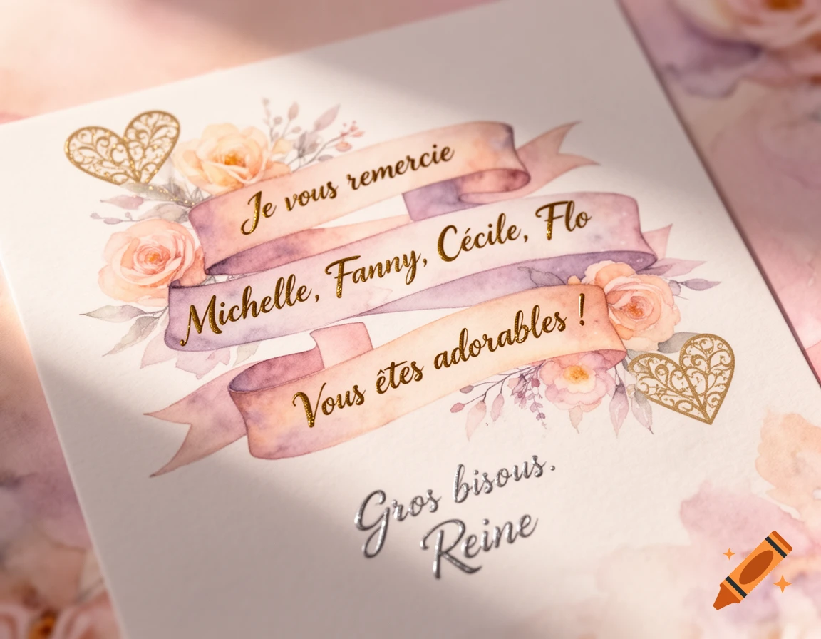 A soft pink and lavender watercolor thank you card with gold text, floral motifs, and filigree hearts.
