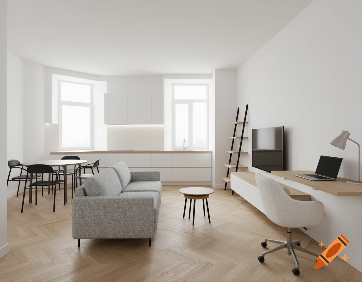 Bright, minimalist open-plan apartment with a white kitchen, dining table, gray sofa, TV, and a desk with a laptop.