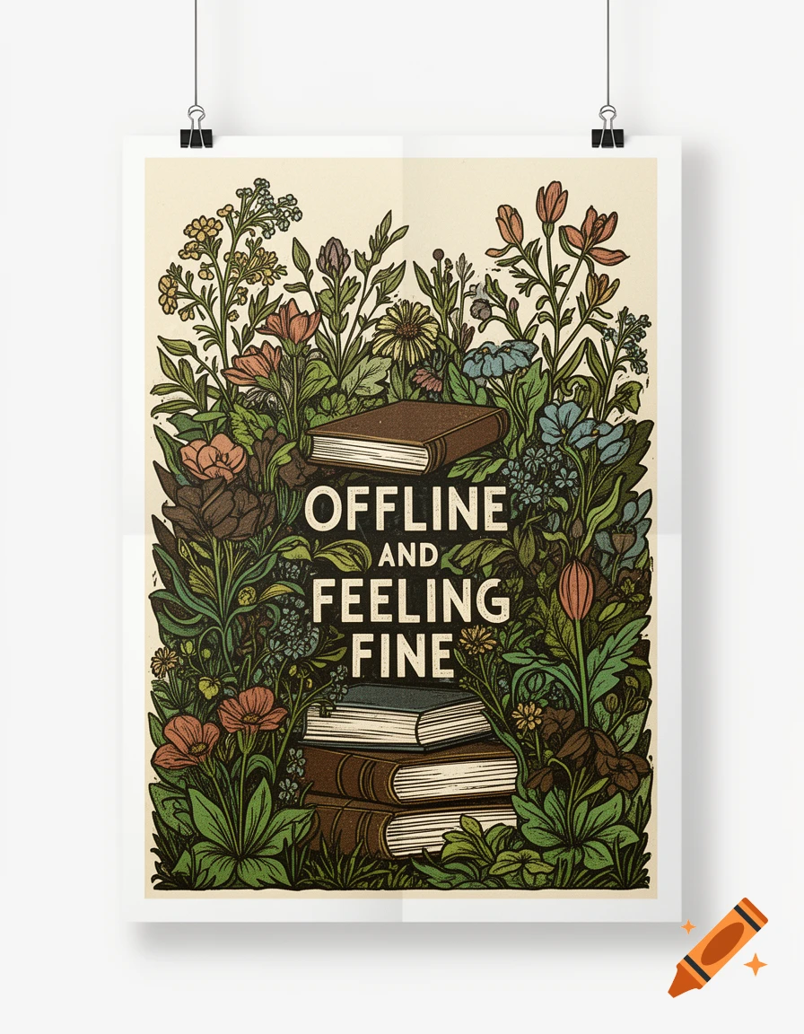 A poster with a lino-print style illustration of colorful flowers and plants surrounding books, featuring the text "OFFLINE AND FEELING FINE".