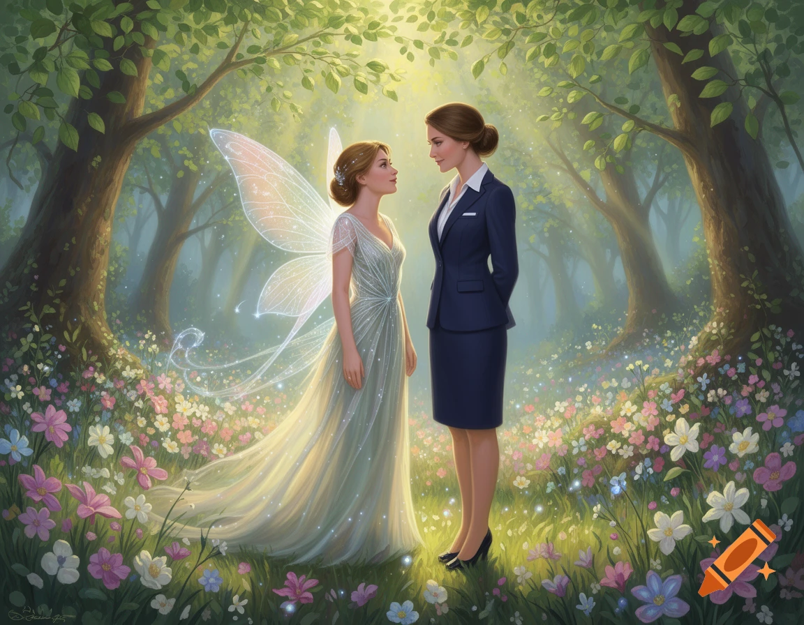 A fairy with glowing wings and a woman in a business suit stand in a magical, sunlit spring forest, looking at each other.