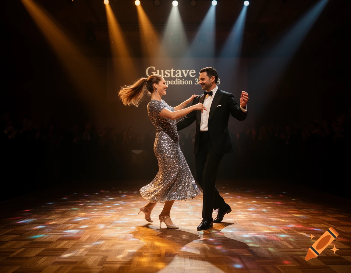 A man in a tuxedo and a woman in a sparkly dress dance on a spotlighted wooden stage with a screen in the background.