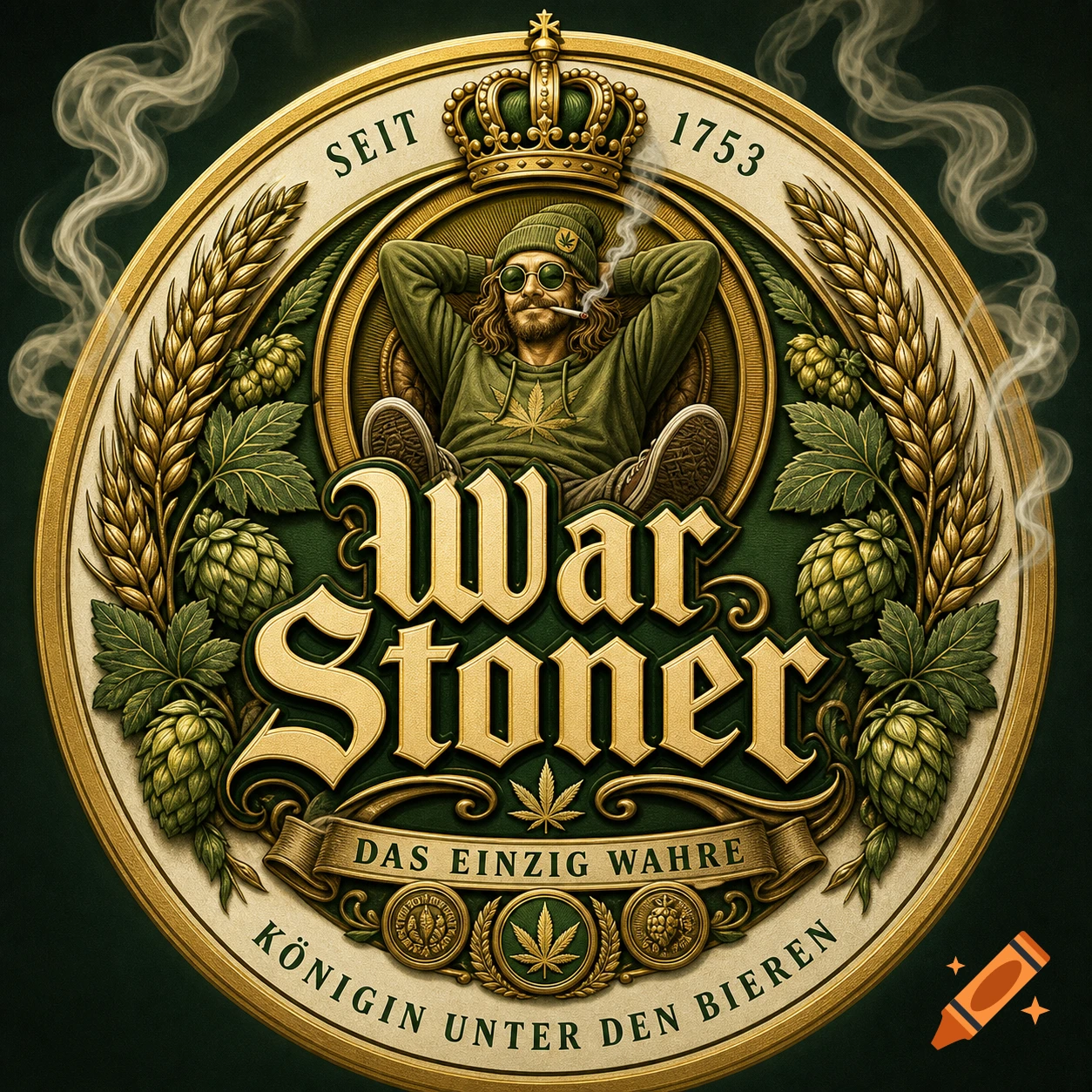 A stylized, gold-trimmed green logo for "War Stoner" beer. Features a man with a beanie and sunglasses, holding a smoking joint, surrounded by wheat, hops, and cannabis leaves, topped by a crown.