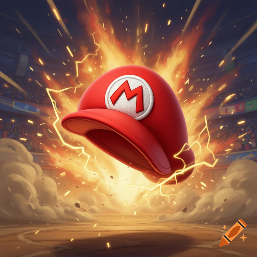 A red Mario cap with a white 'M' logo floats in a stadium amidst fire, yellow lightning, and dust clouds in an action-fantasy style.