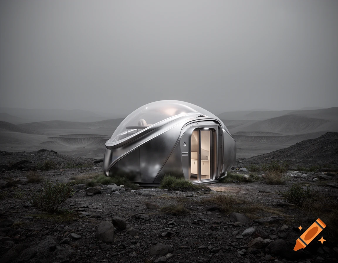 A sleek, metallic, egg-shaped sci-fi house with a clear dome top sits on a rocky, desolate landscape under a grey sky.